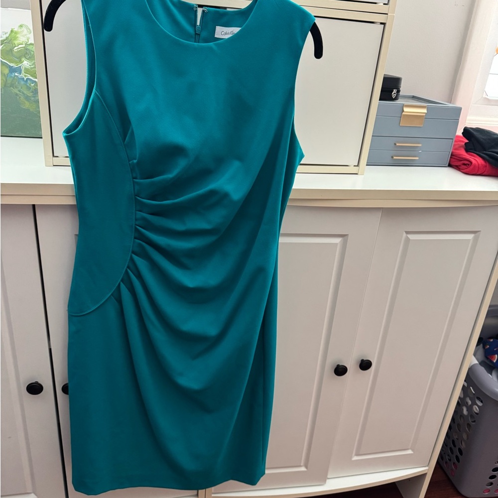 Calvin Klein Teal Sleeveless Ruched Sheath Dress